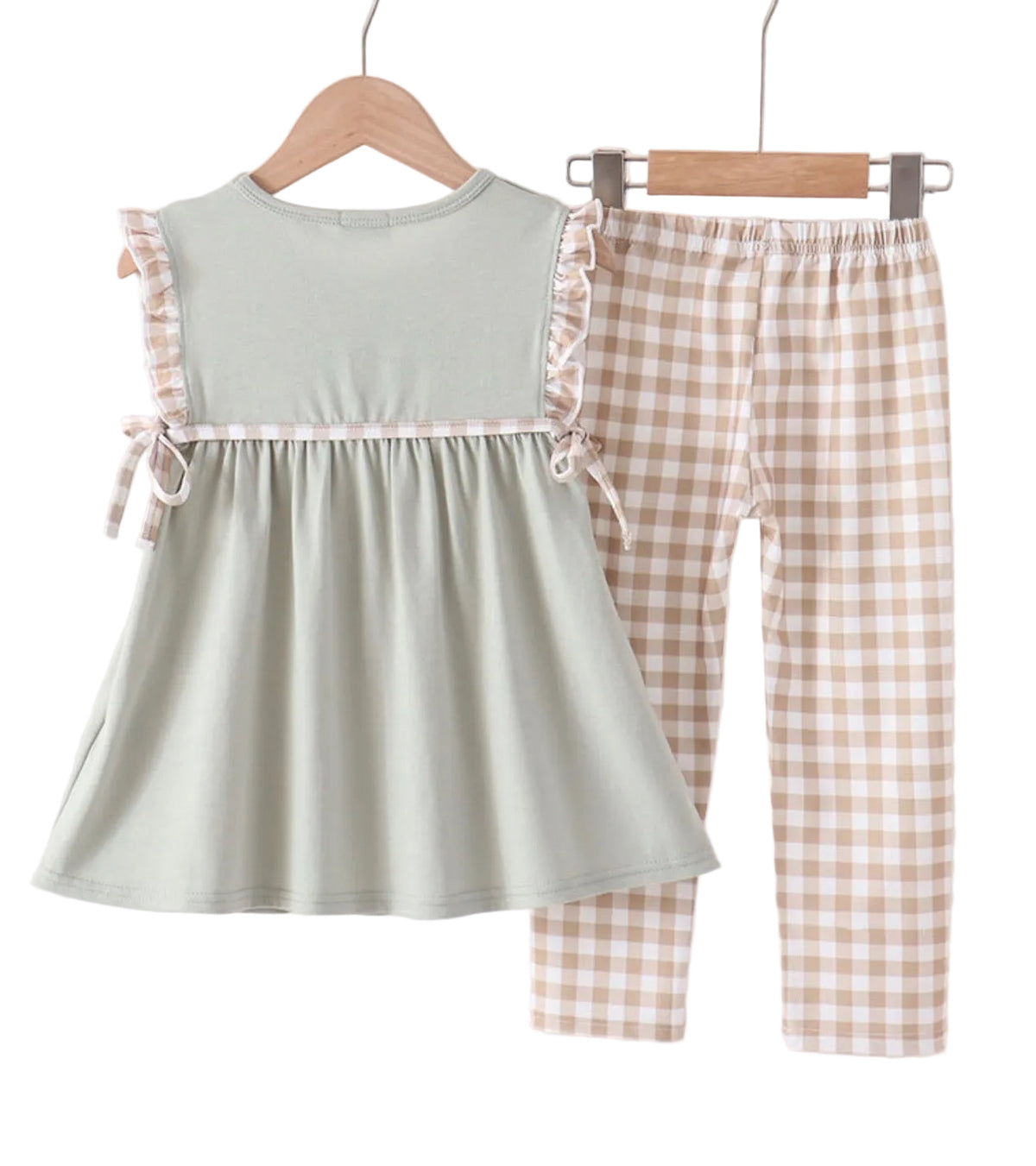 Abby & Evie | Sage Scarecrow Pants Set with BONUS Peter Pan Collar Long Sleeve Shirt