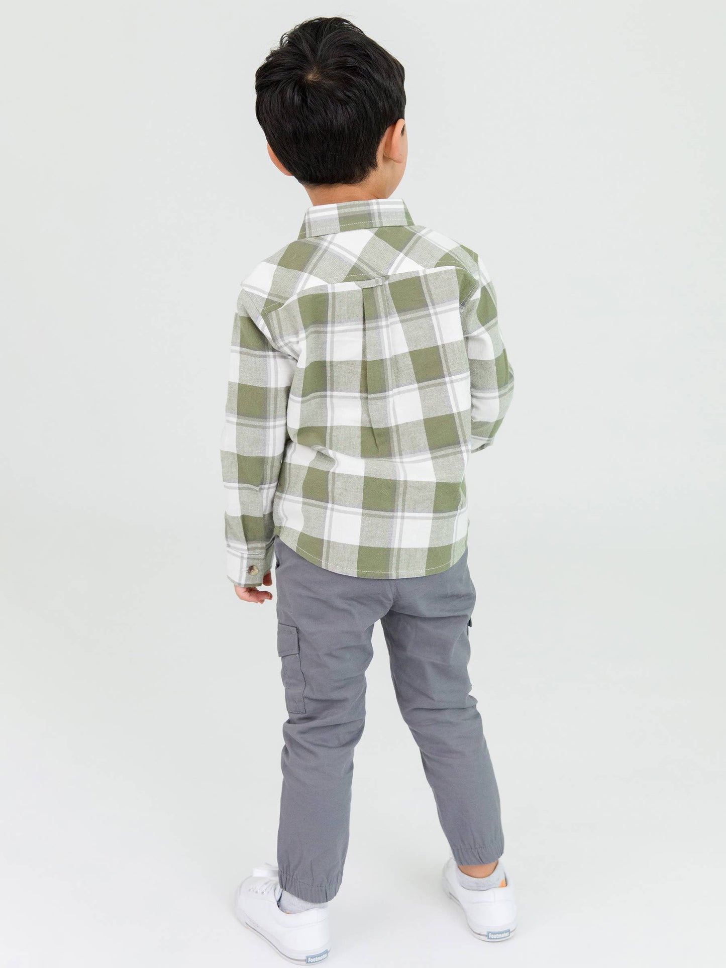 RuffleButts + RuggedButts - Boys Dusty Olive Plaid Flannel Long Sleeve Button Down Shirt