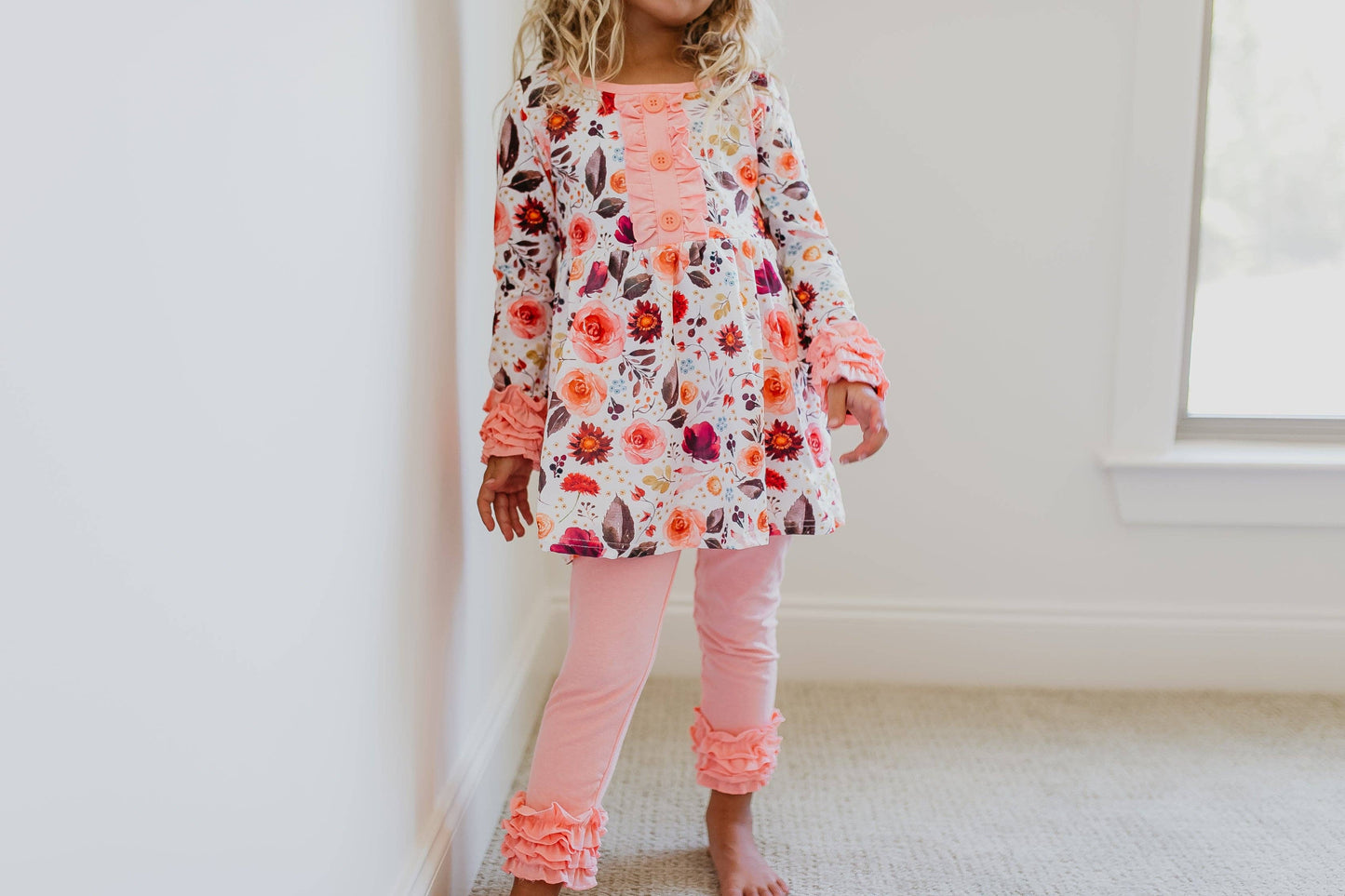 Adorable Sweetness - Kids Peach Floral Ruffle Button Two Piece Fall Pant Set