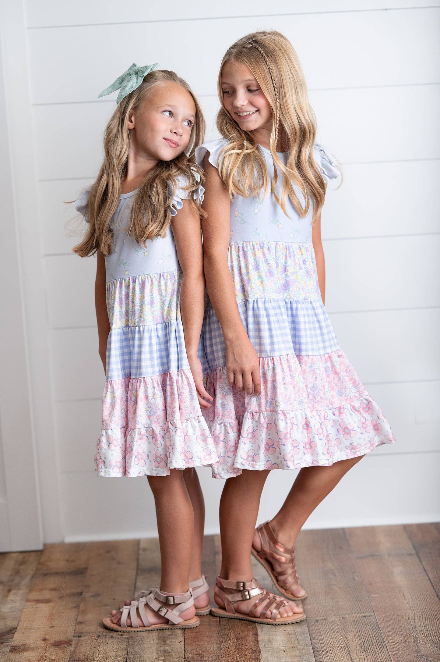 Adorable Sweetness - Girls Ava Twirl Lavender Floral Check Spring Tiered Dress