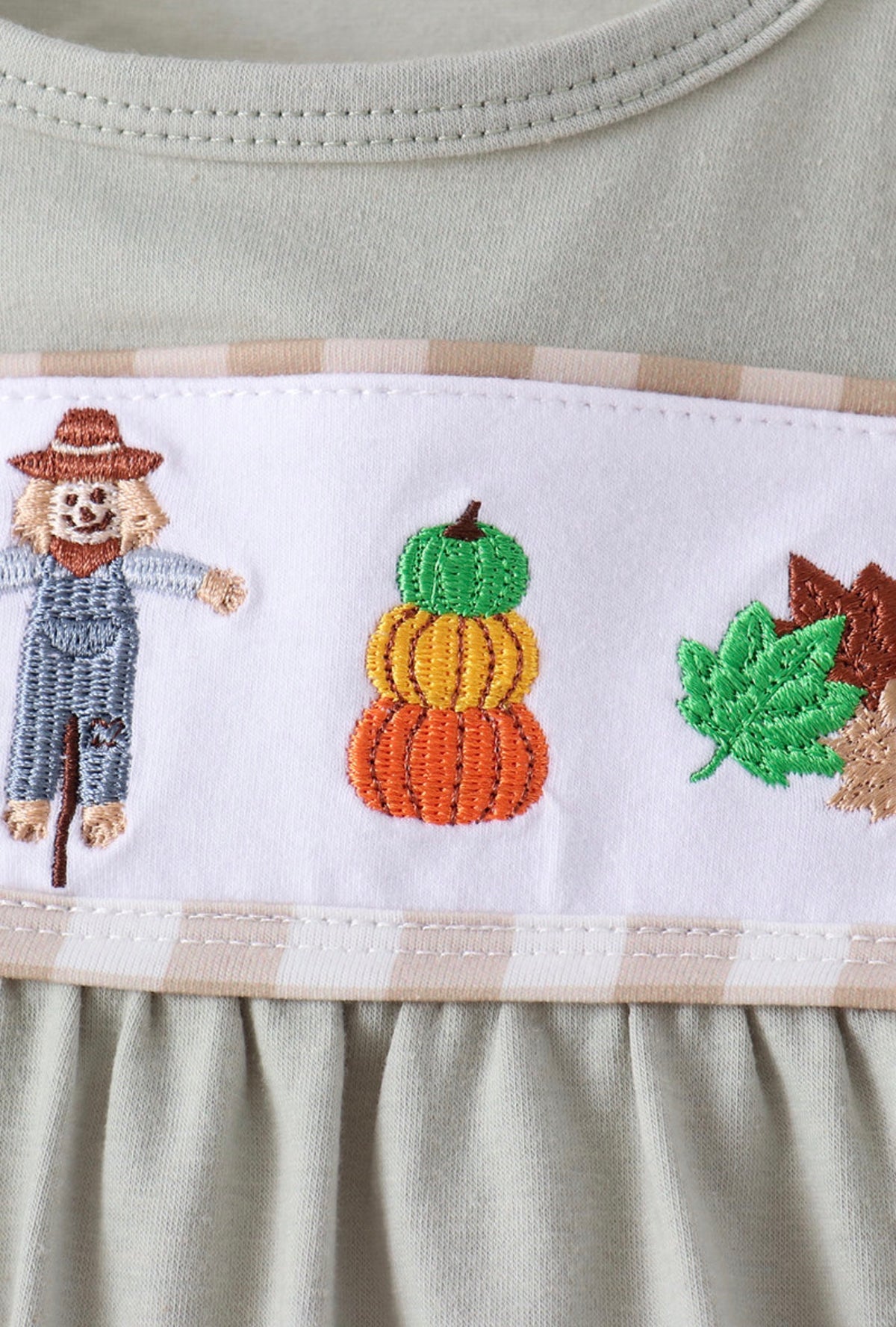 Abby & Evie | Sage Scarecrow Embroidered Bloomer Set with BONUS Peter Pan Collar White Shirt