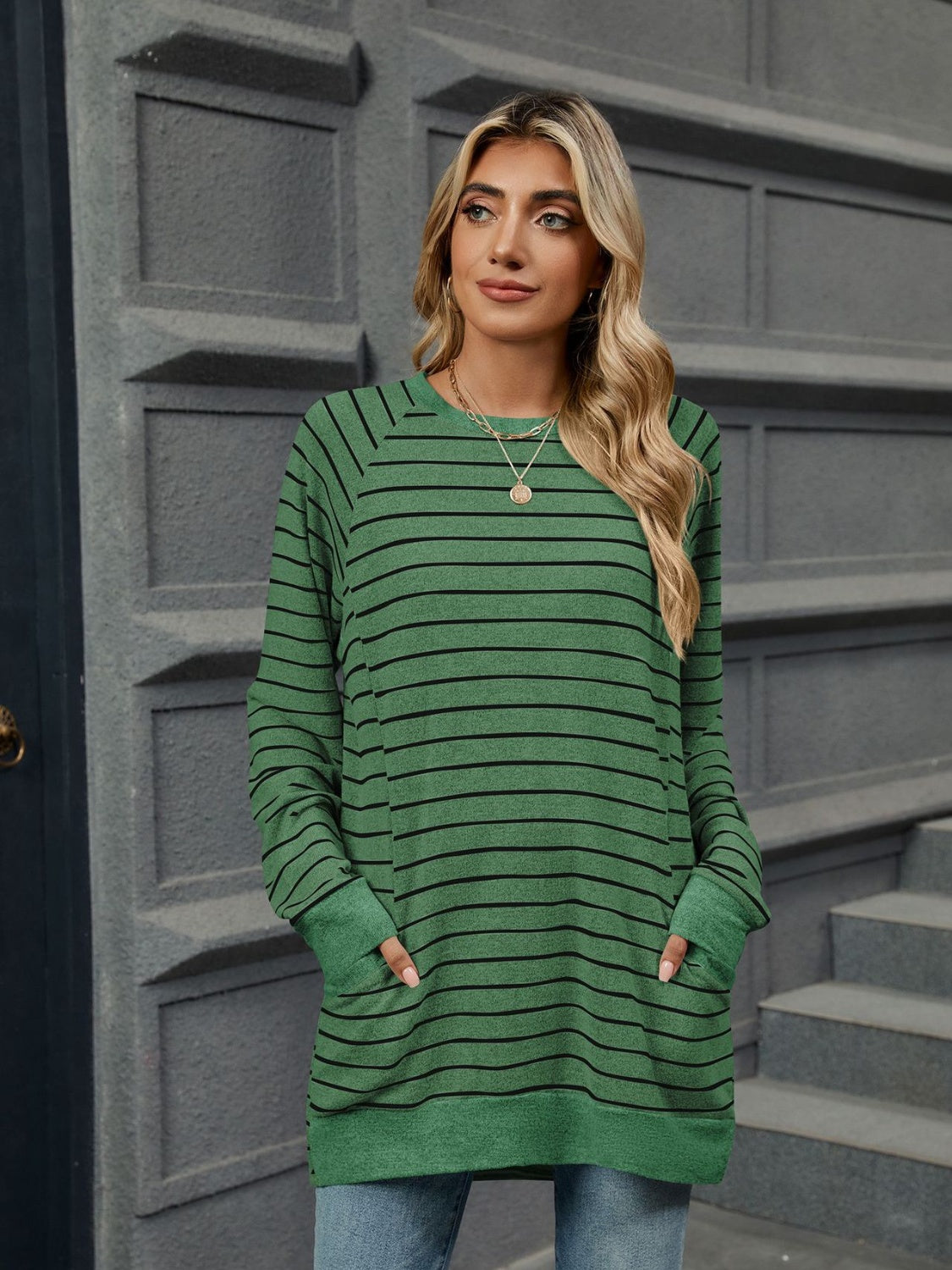 Pocketed Striped Round Neck Long Sleeve T-Shirt