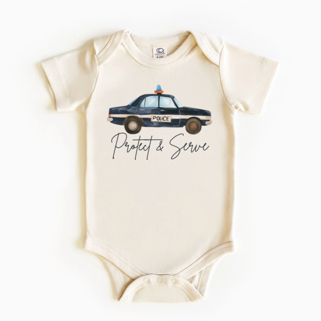 Shabby Yellow Barn - Police Protect & Serve Baby Bodysuit Onesie: ORGANIC Ivory / Long Sleeve