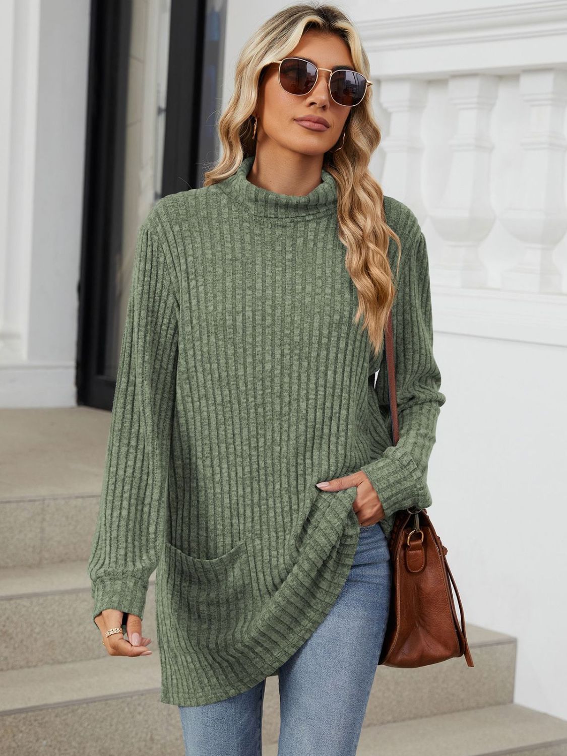 Ribbed Mock Neck Long Sleeve T-Shirt