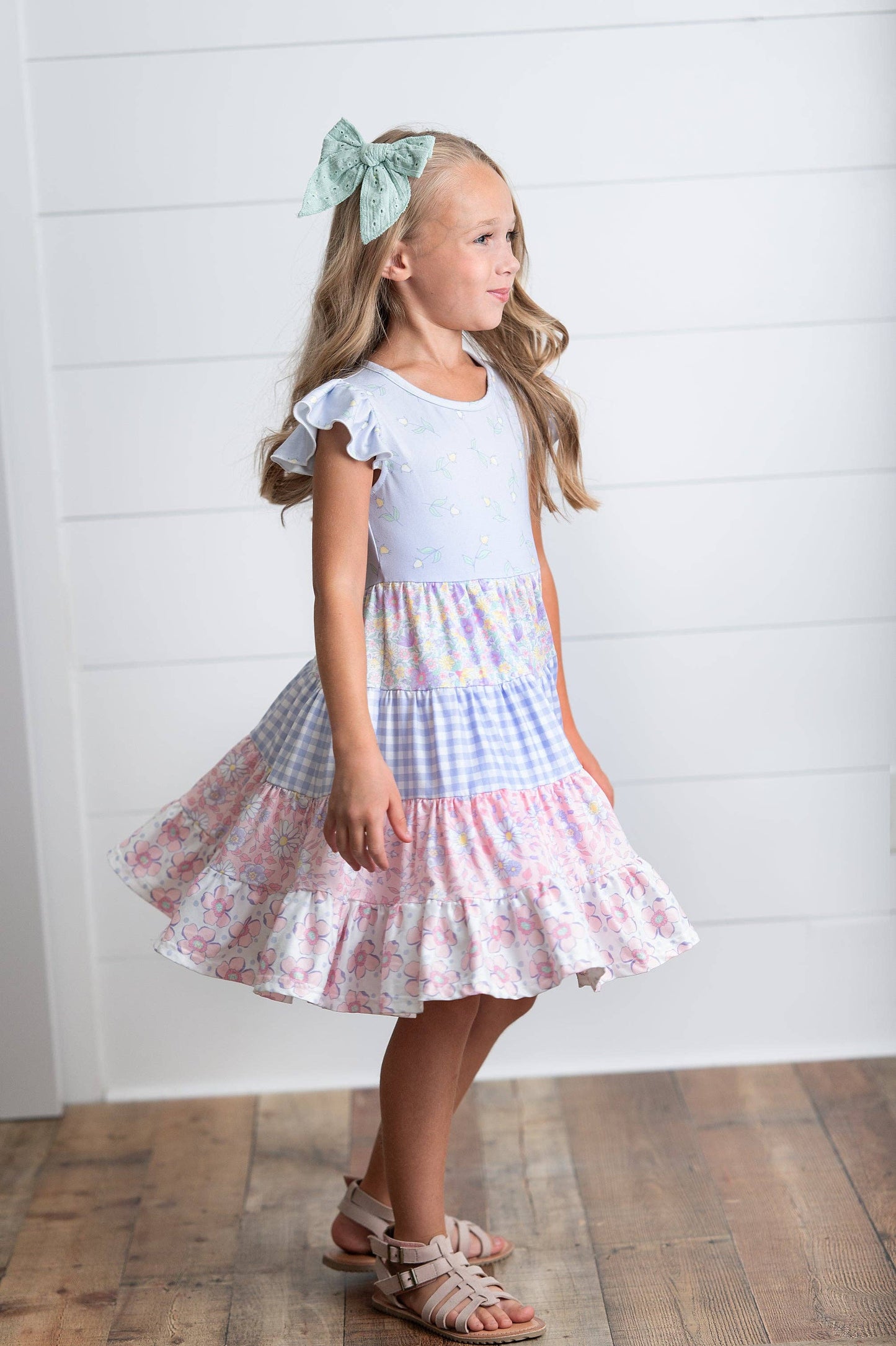 Adorable Sweetness - Girls Ava Twirl Lavender Floral Check Spring Tiered Dress
