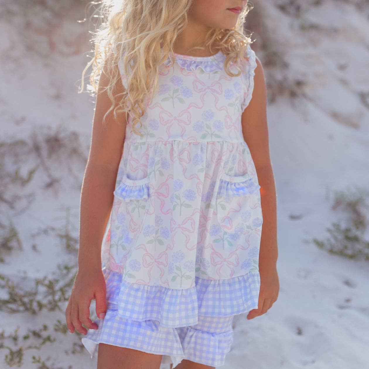 Adorable Sweetness - Girls Lavender Check & Pink Bow Pocket Ruffle Short Set