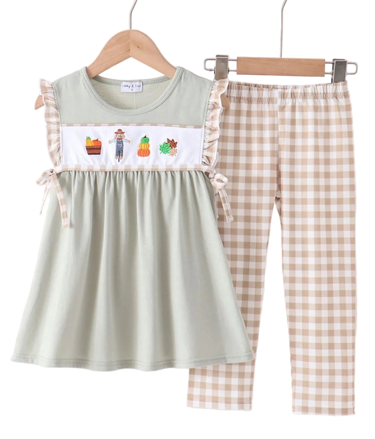 Abby & Evie | Sage Scarecrow Pants Set with BONUS Peter Pan Collar Long Sleeve Shirt