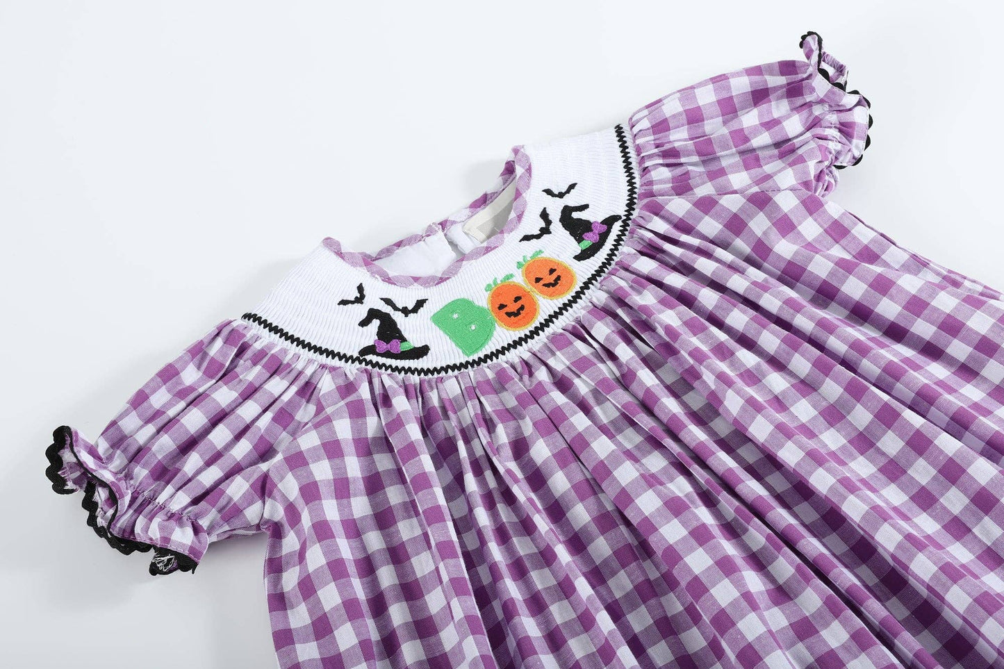 Lil Cactus - Purple Gingham Halloween Boo Smocked Bishop Dress