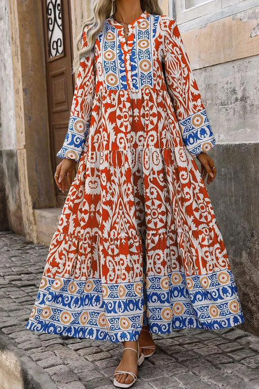 Printed Notched Long Sleeve Maxi Dress