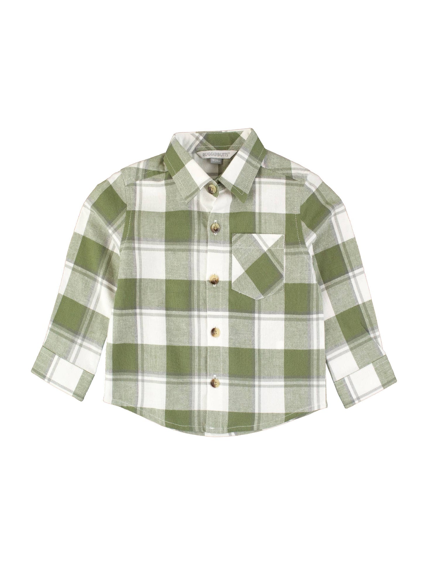 RuffleButts + RuggedButts - Boys Dusty Olive Plaid Flannel Long Sleeve Button Down Shirt