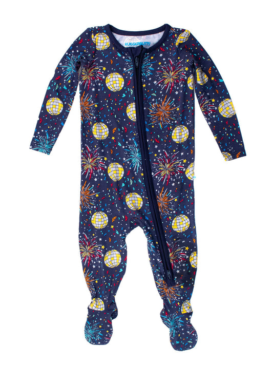 RuffleButts + RuggedButts - Baby Boys Navy Happy New Year Bamboo Viscose Footed One Piece Pajama