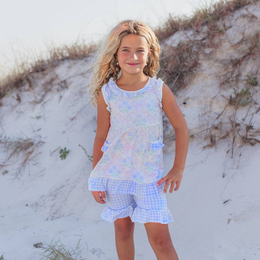 Adorable Sweetness - Girls Lavender Check & Pink Bow Pocket Ruffle Short Set