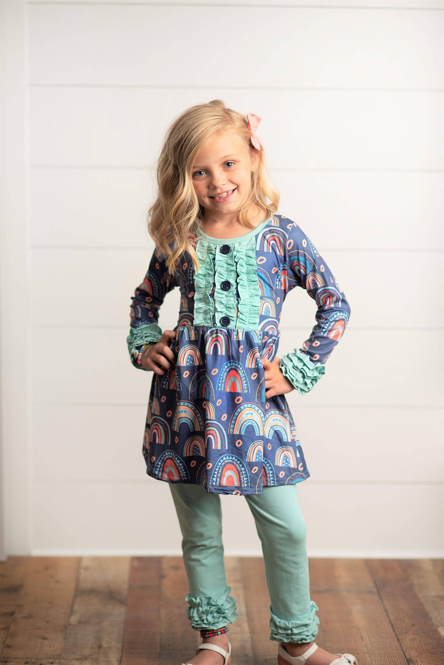 Adorable Sweetness - Kids Sage Rainbow Ruffle Fall Winter Leggings Pant Set