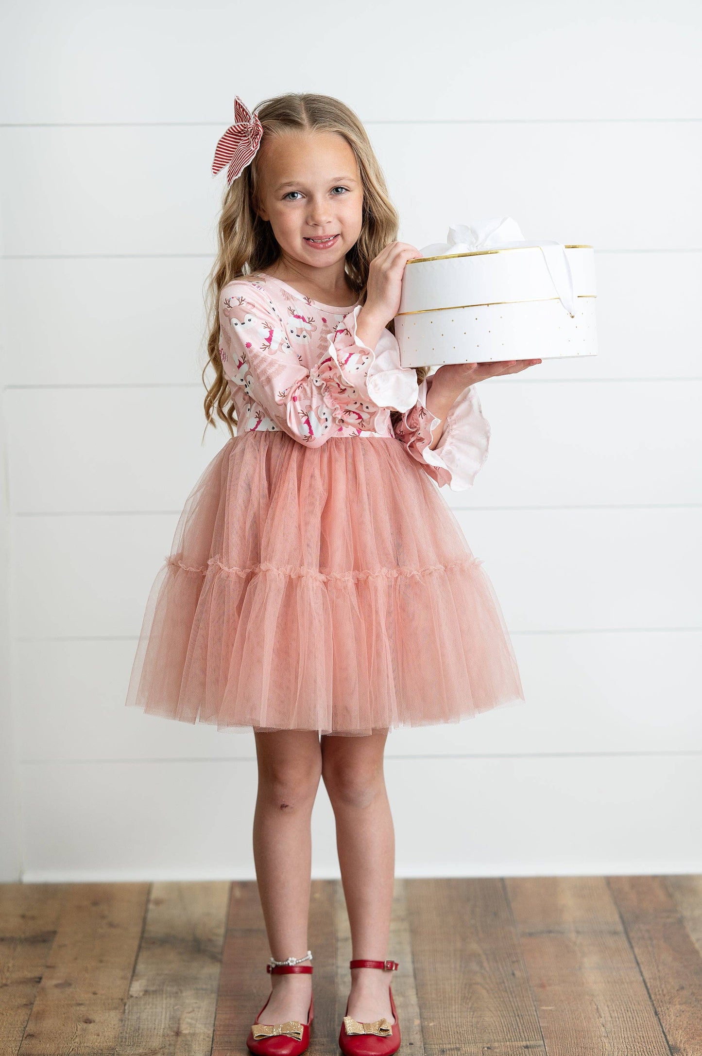 Adorable Sweetness - Kids Pink Reindeer Tulle Ruffle Sleeve Holiday Dress