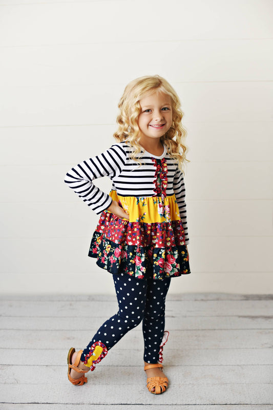 Adorable Sweetness - Kids Burgundy & Navy 3 Tiered Two Piece Fall Winter Pant Set