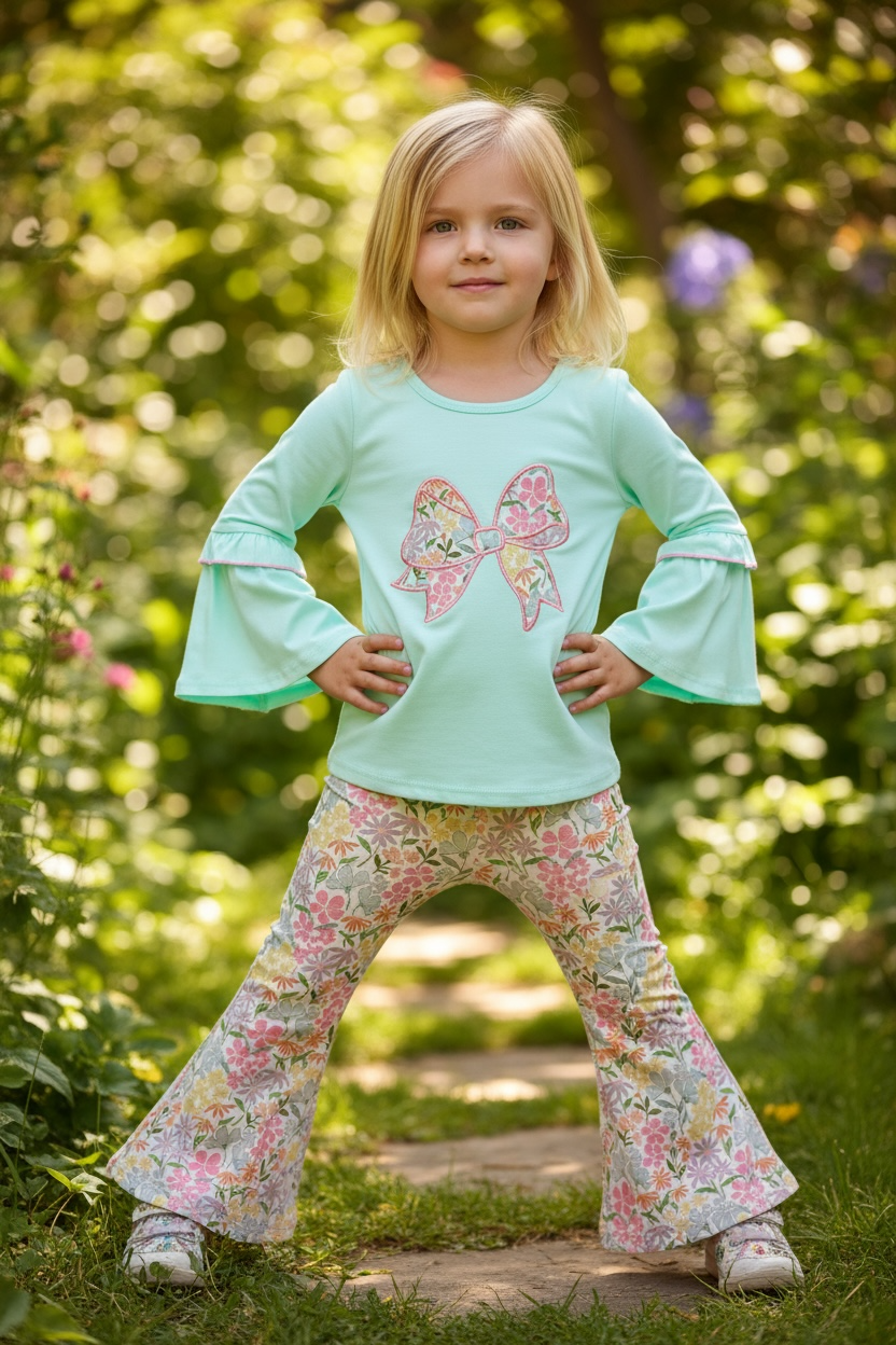 Max and Pippa - Blue Bow Floral Applique Two Piece Set