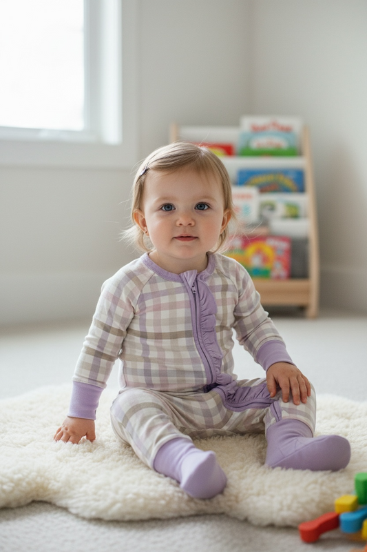 Max and Pippa - Lavender Checked Ruffle Bamboo Convertible Romper