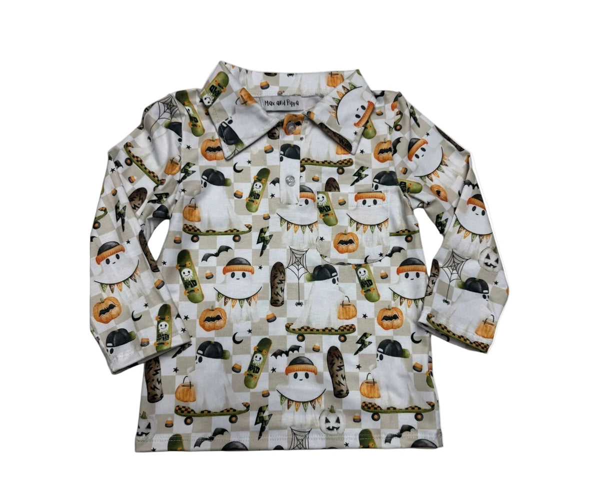 A long-sleeve button-up shirt for kids, featuring a white base with an all-over Halloween print of ghosts, pumpkins, bats, and spiderwebs.