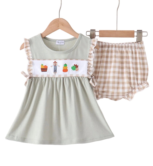 Abby & Evie | Sage Scarecrow Embroidered Bloomer Set with BONUS Peter Pan Collar White Shirt