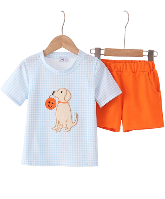 Abby & Evie | Puppy Pumpkin Appliqué Toddler Shorts Set