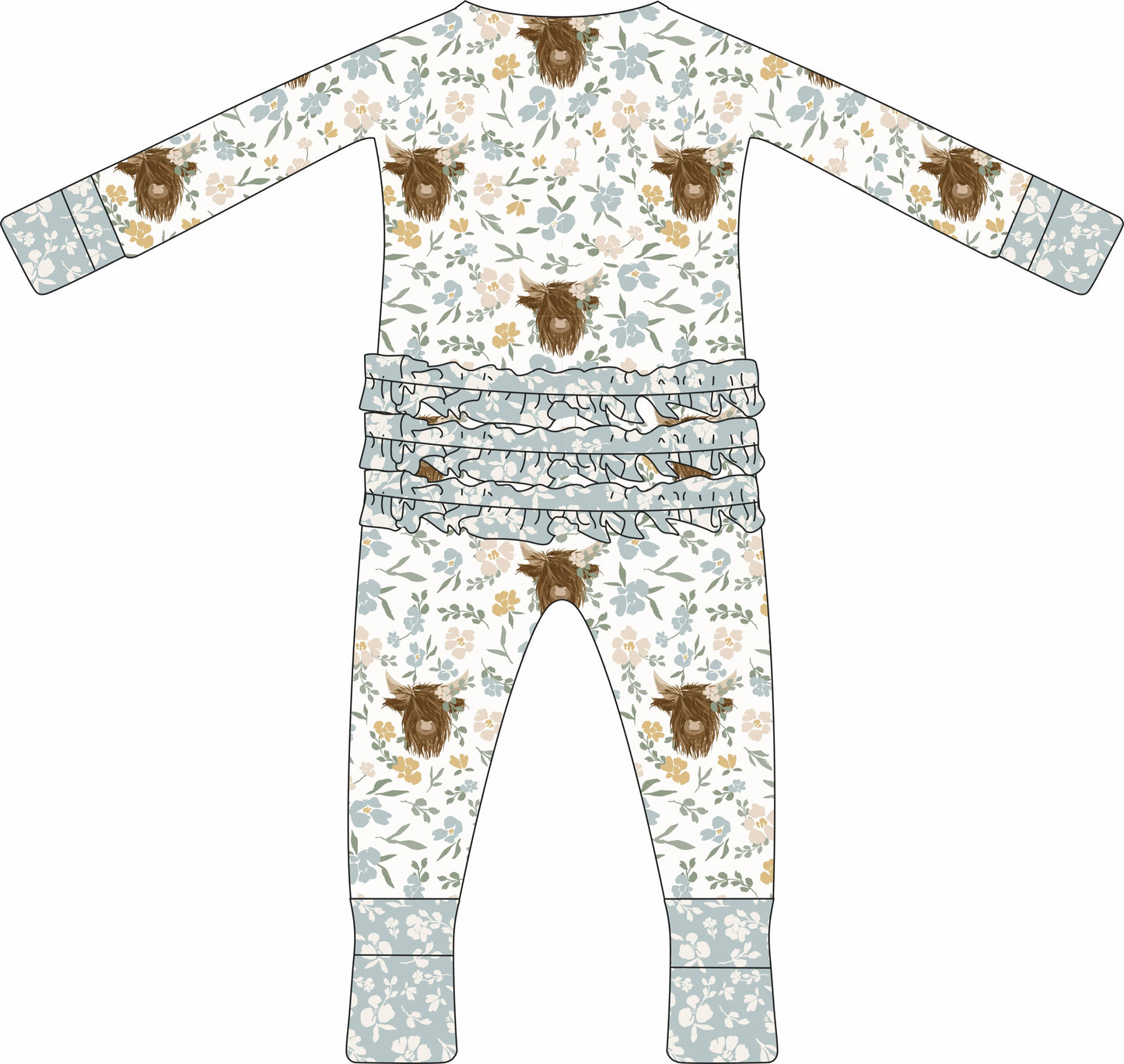 Max and Pippa - Floral Highland Cow Zippie Convertible Pajamas