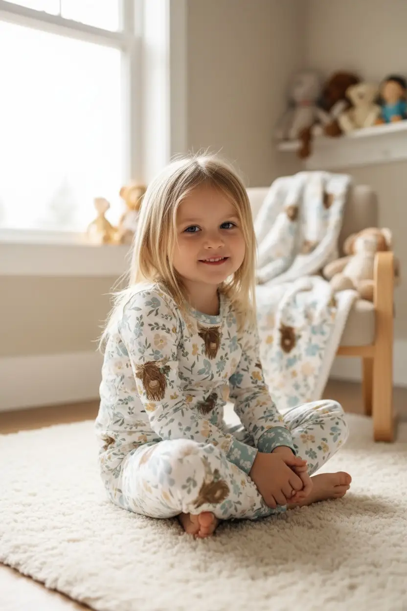 Max and Pippa - Bamboo Floral Highland Cow 2-Piece Pajama Set by Max and Pippa