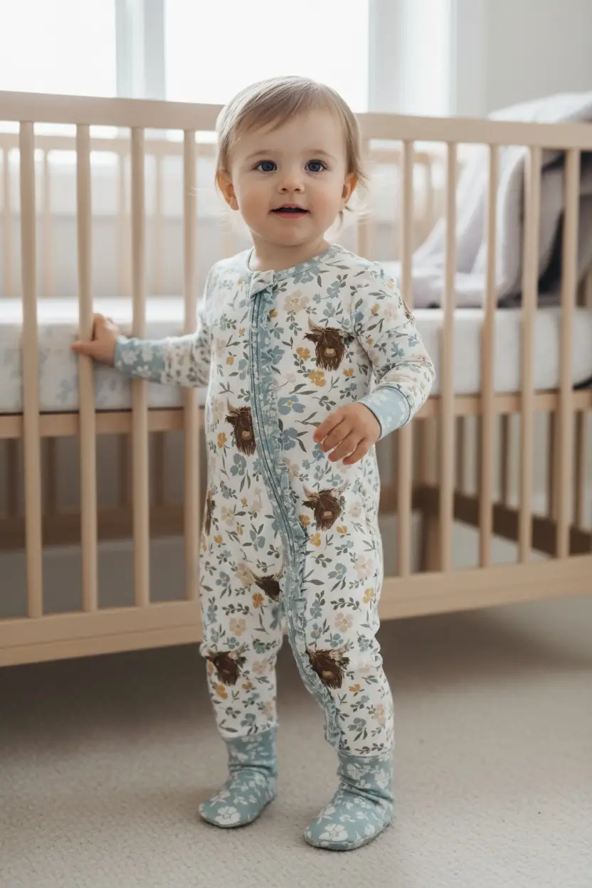 Max and Pippa - Bamboo Floral Highland Cow Zippie Convertible Pajamas by Max and Pippa