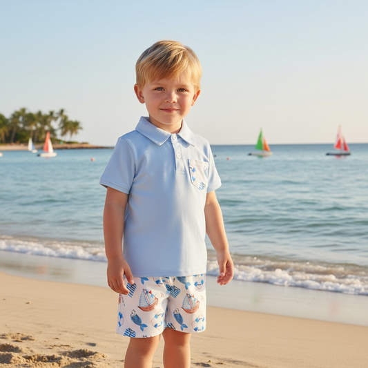 Abby & Evie - Blue Sailboat Print Shorts Set