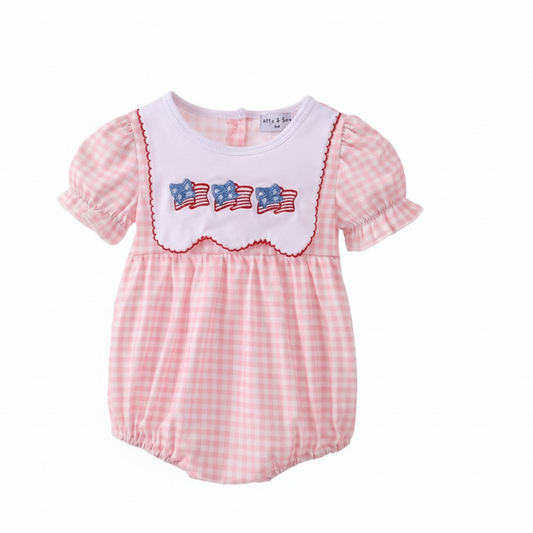 Baby Girl Pink Flag Embroidery Gingham Bubble - Fourth of July