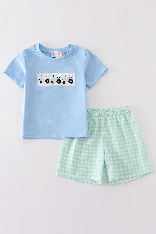 Abby & Evie - Blue Tractor Embroidery Boy Set