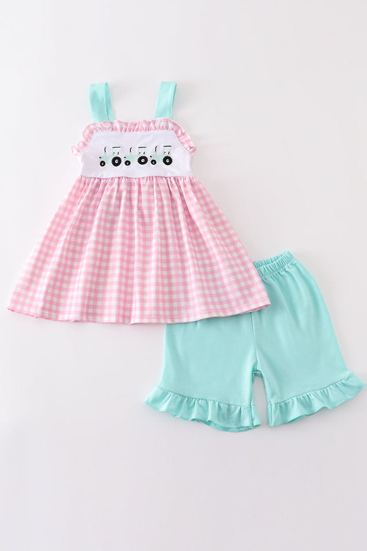 Abby & Evie - Pink Tractor Embroidery Plaid Girl Set