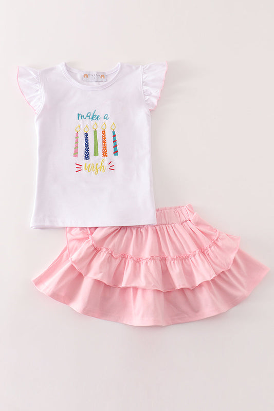 Abby & Evie - Pink Happy Birthday Embroidery Skort Set