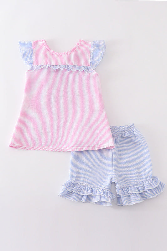 Abby & Evie - Pink Stripe Seersucker Girl Set