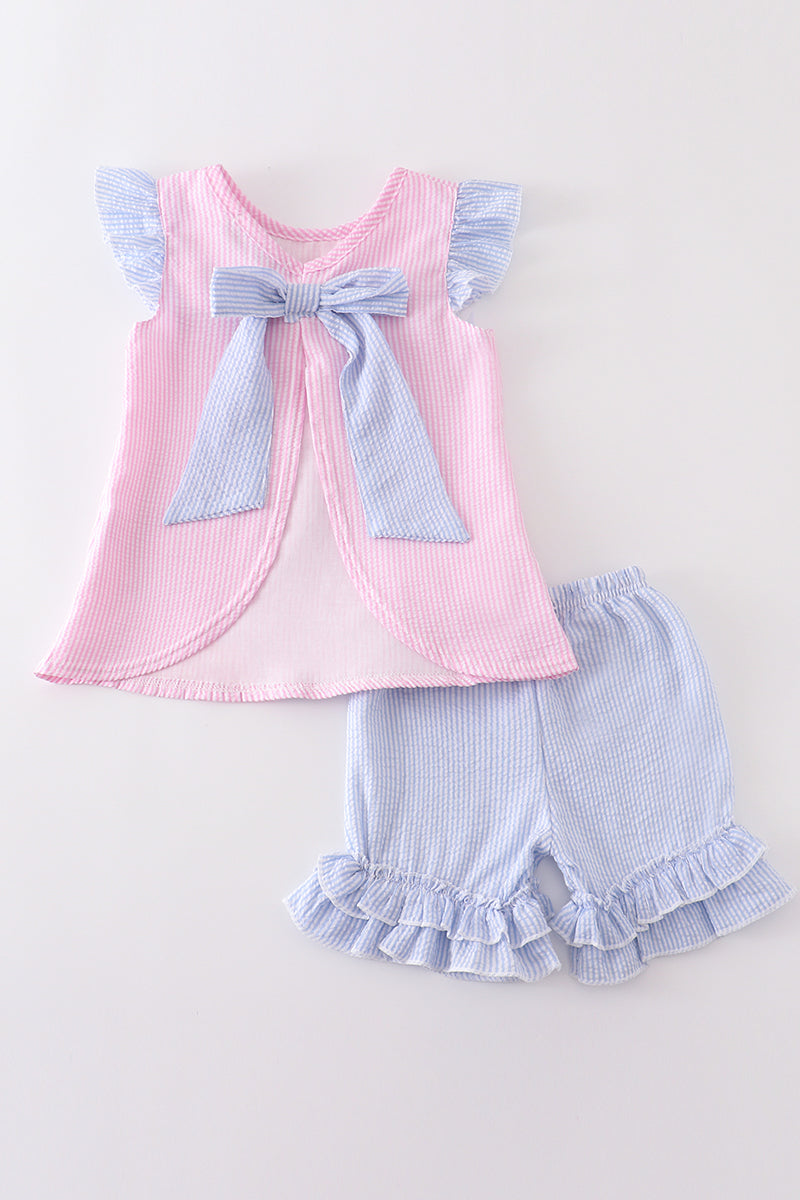 Abby & Evie - Pink Stripe Seersucker Girl Set