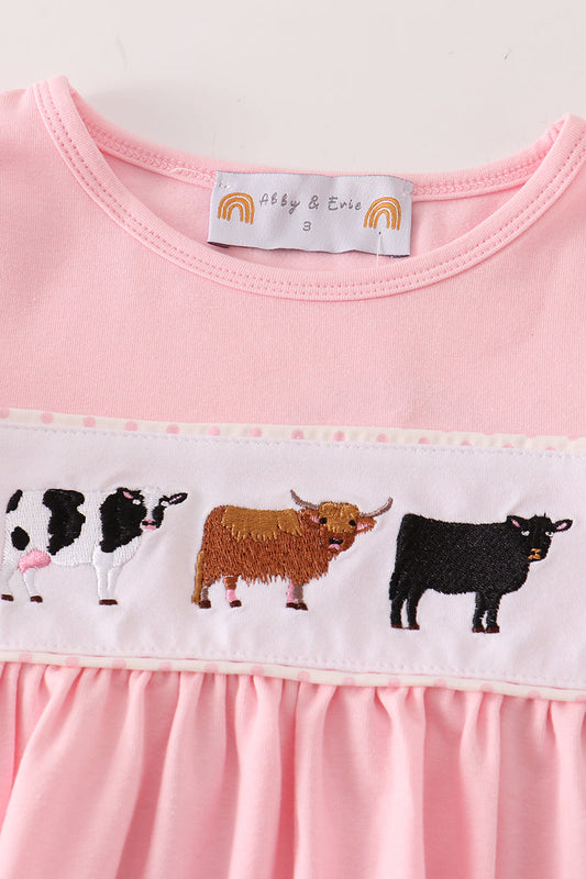 Abby & Evie - Pink Cow Embroidery Girl Set