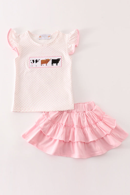 Abby & Evie - Pink Cow Embroidery Girl Skort Set