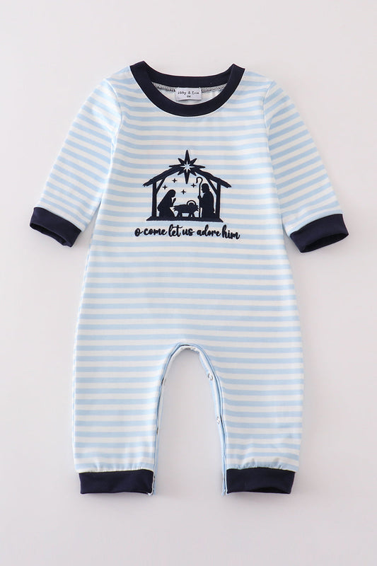 Navy Nativity Embroidery Gingham Boy Romper