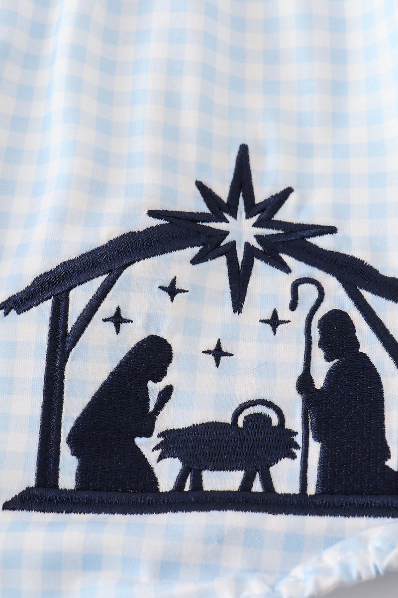 Navy Nativity Embroidery Gingham Girl Bubble