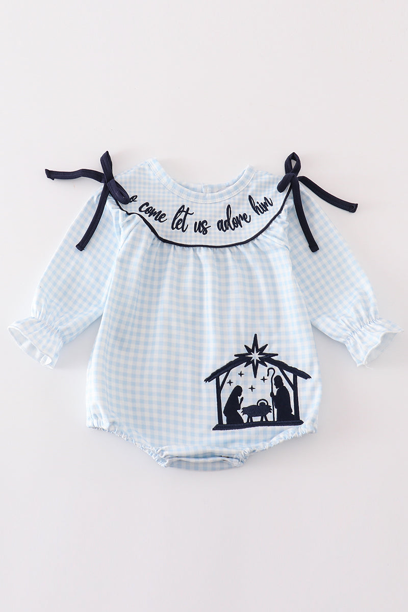 Navy Nativity Embroidery Gingham Girl Bubble