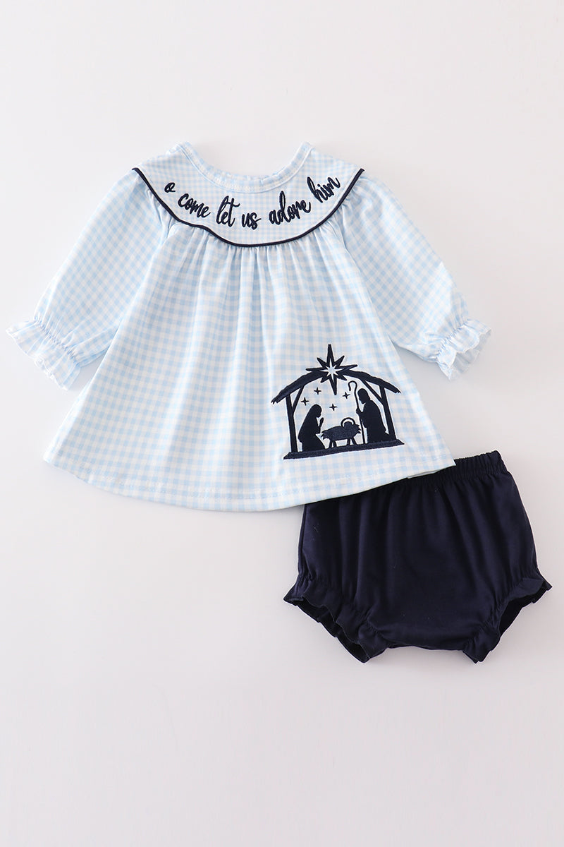 Navy Nativity Embroidery Gingham Bloomer Set