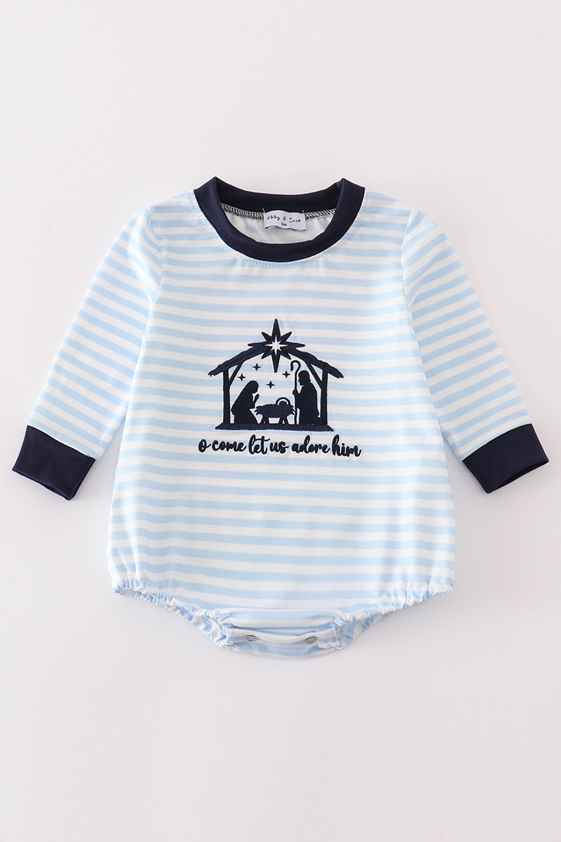 Navy Nativity Embroidery Gingham Boy Bubble