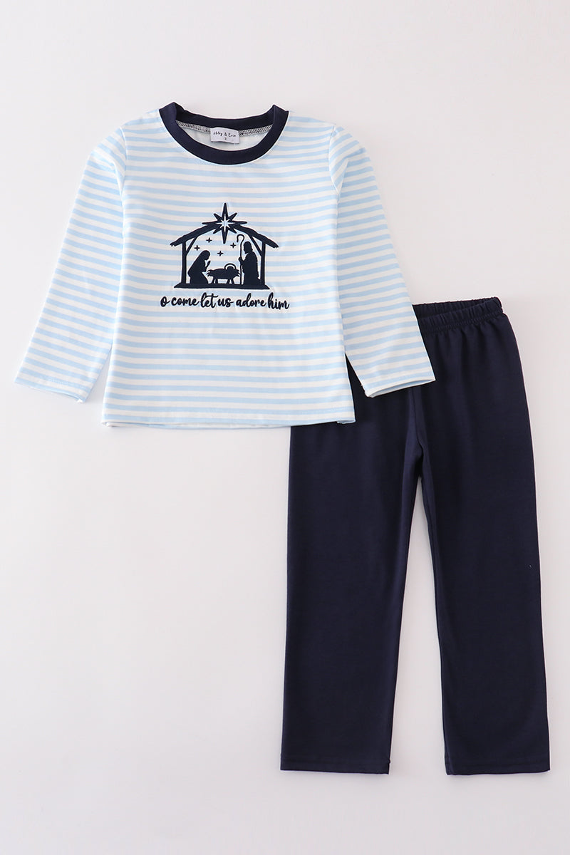 Navy Nativity Embroidery Gingham Two Piece Set