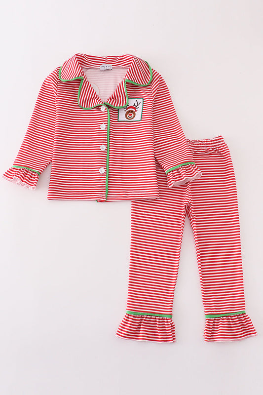 Abby & Evie - Red Stripe Christmas Reindeer Embroidery Girl Pajamas Set