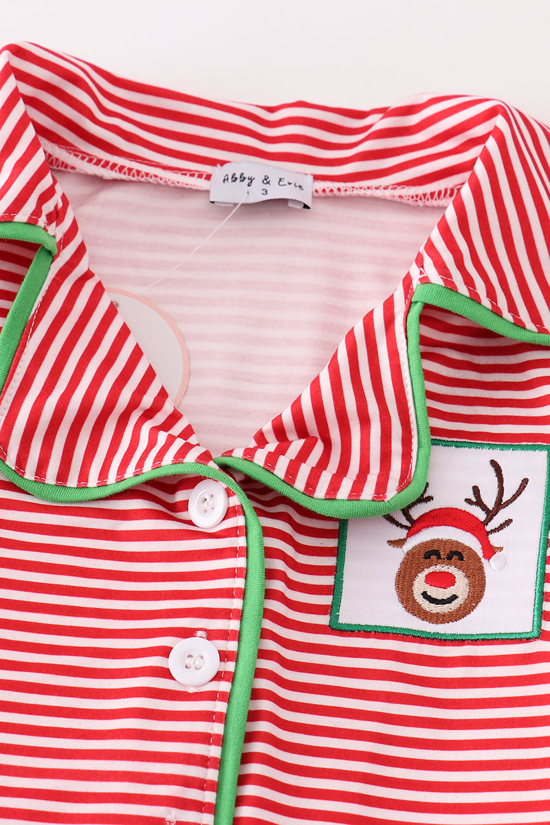 Abby & Evie - Red Stripe Christmas Reindeer Embroidery Girl Pajamas Set