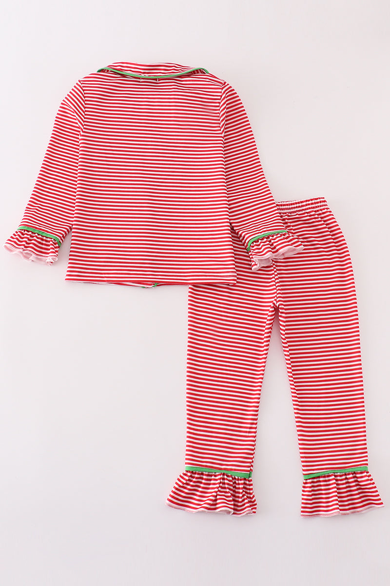 Abby & Evie - Red Stripe Christmas Reindeer Embroidery Girl Pajamas Set