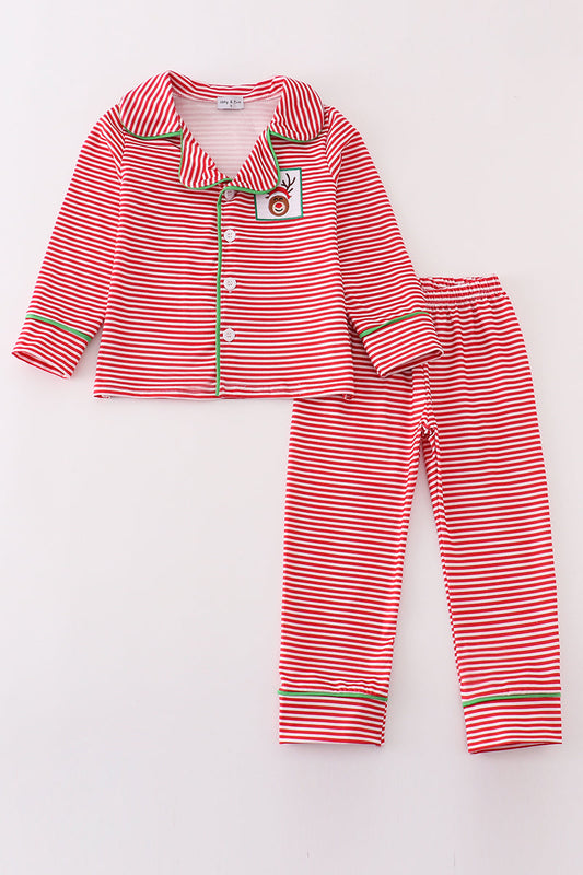 Abby & Evie - Red Stripe Christmas Reindeer Embroidery Boy Pajamas Set