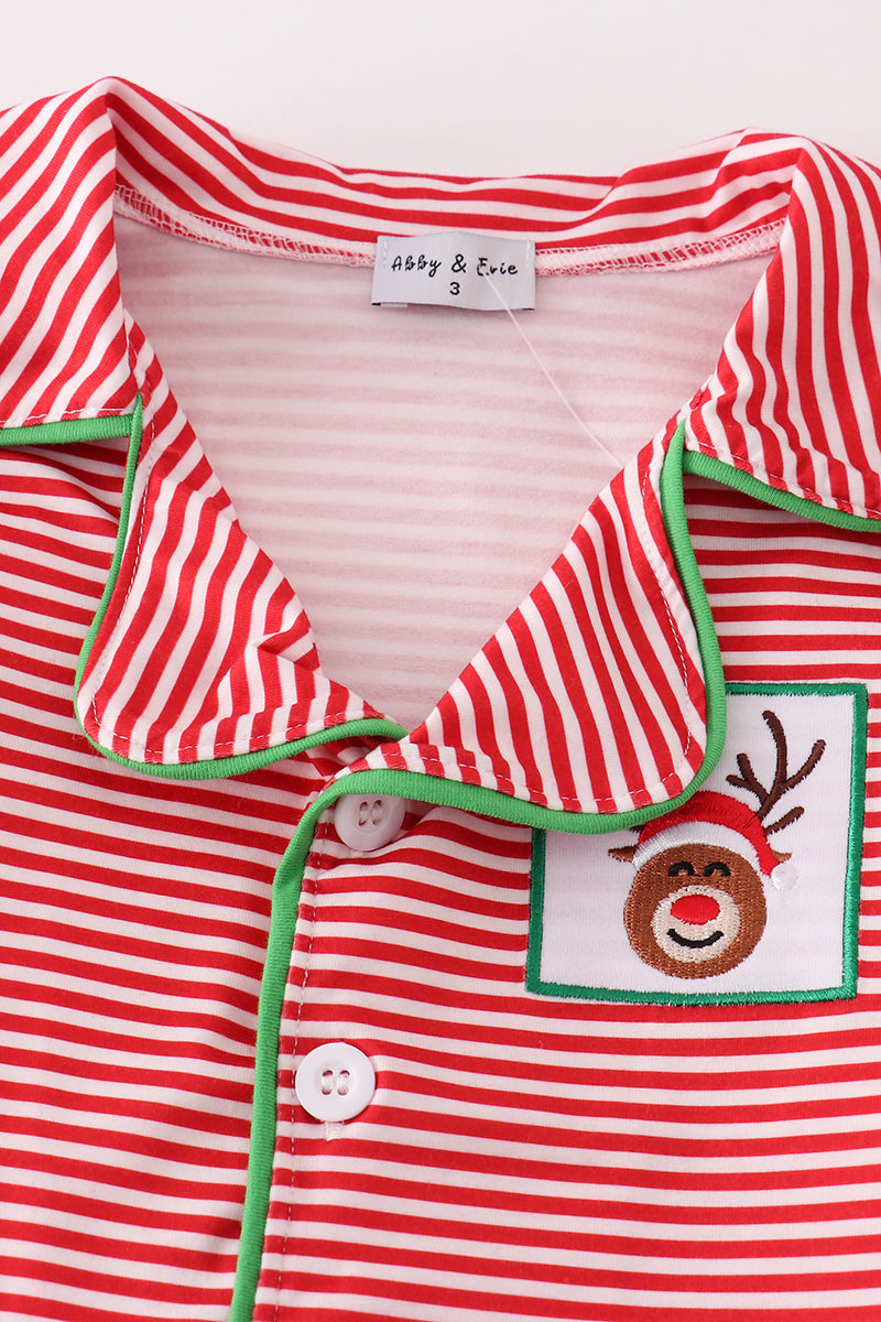 Abby & Evie - Red Stripe Christmas Reindeer Embroidery Boy Pajamas Set