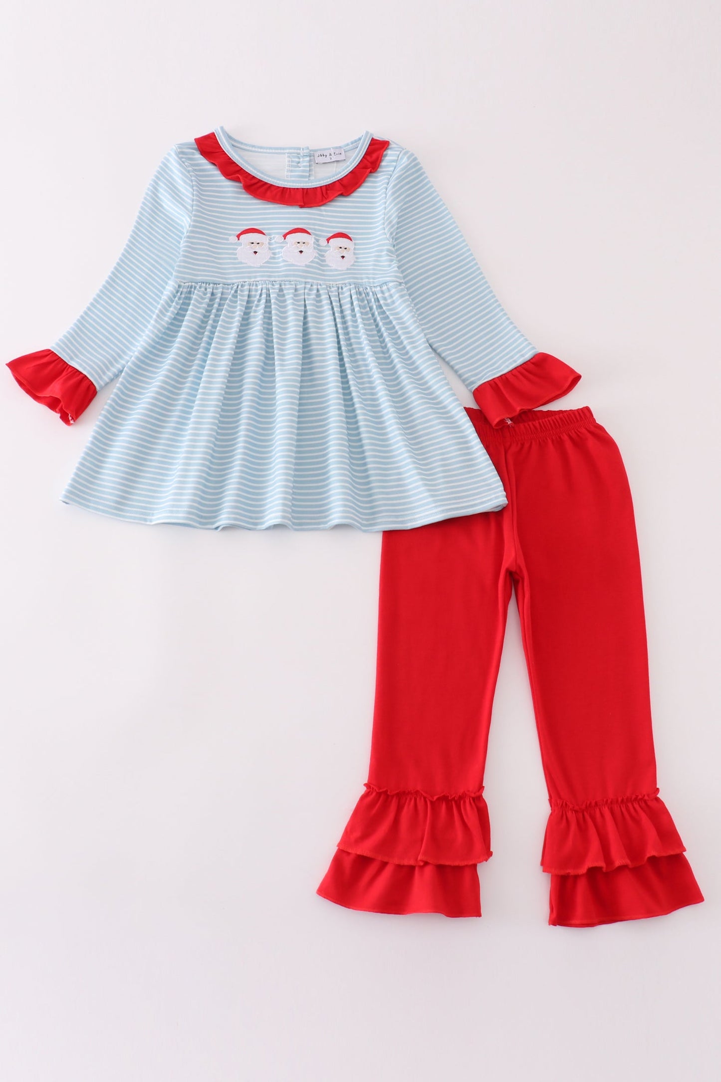 Blue Stripe Christmas Santa Embroidery Girl Set