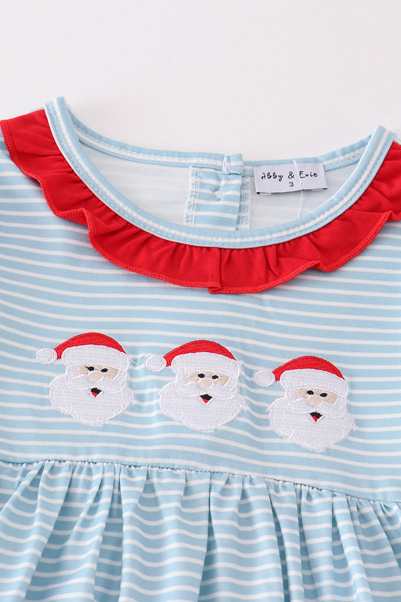 Blue Stripe Christmas Santa Embroidery Girl Set