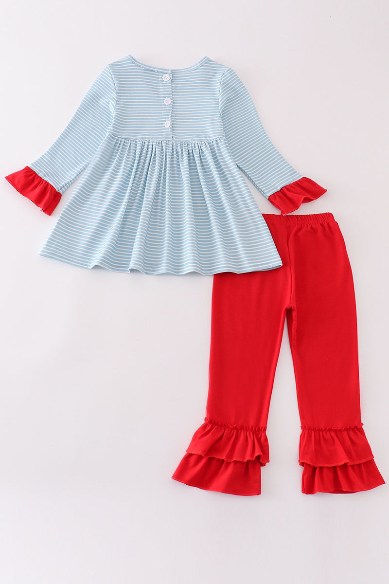 Blue Stripe Christmas Santa Embroidery Girl Set